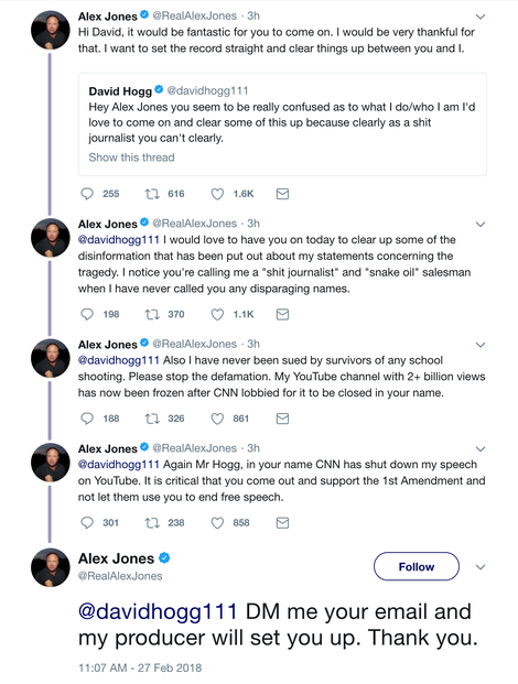 Illustration for article titled One Strike Away From YouTube Ban, Alex Jones Begs Parkland Survivor to Come on Show